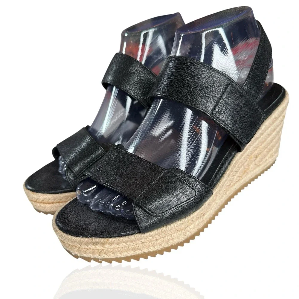 NEW Eileen Fisher 8.5 Winnie Tumbled Black Leather Espadrille Wedge‎ Sandals